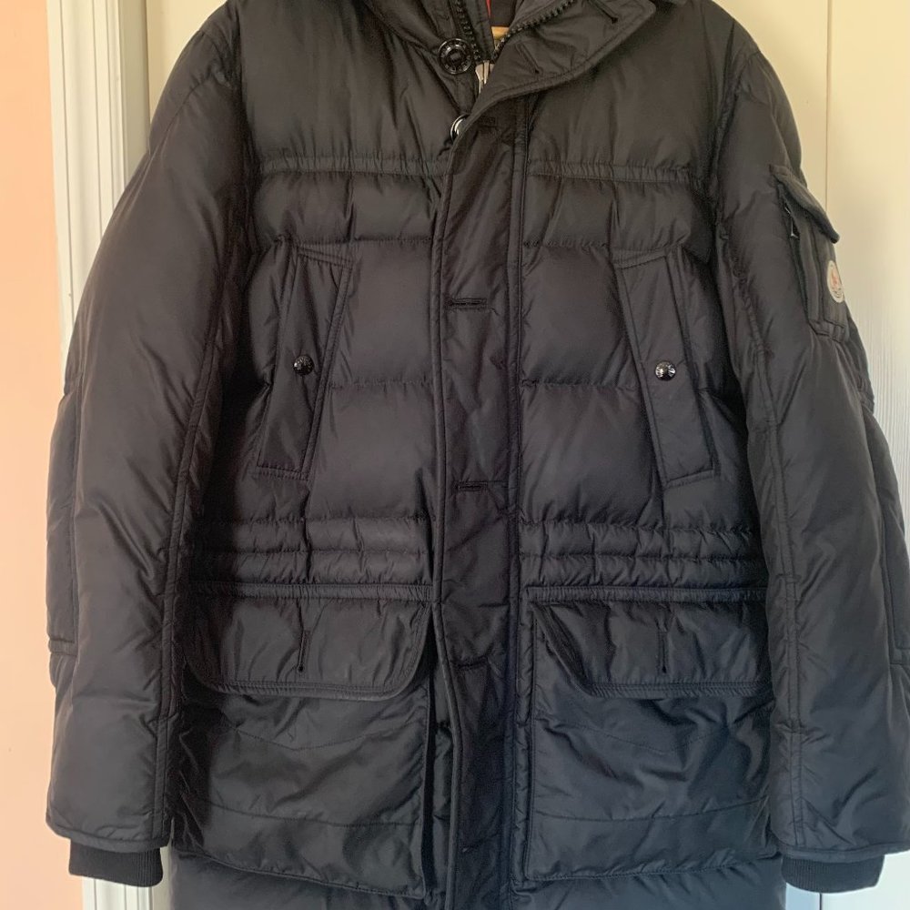 MONCLER goose down jacket puffer zip button hood navy quilted Parka men size 1